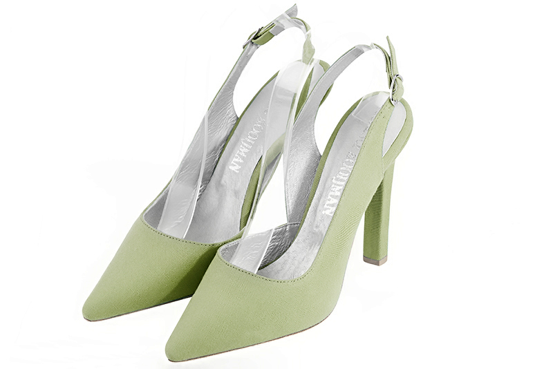 Meadow green women's slingback shoes. Pointed toe. Very high slim heel. Front view - Florence KOOIJMAN